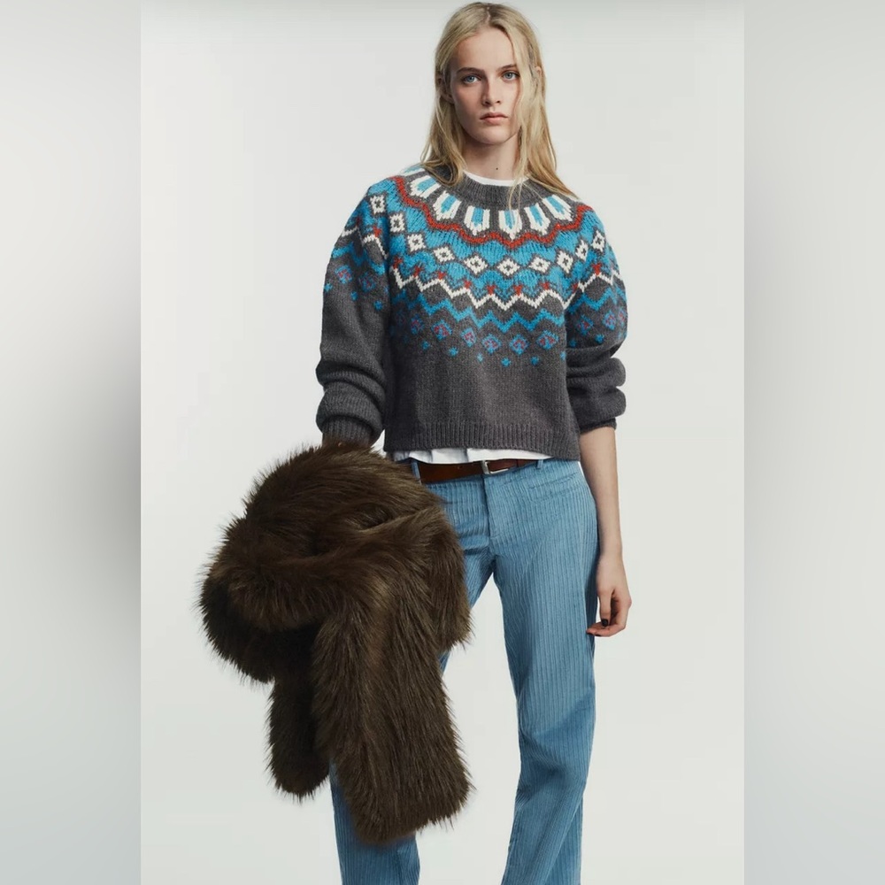 NWT Zara Multicolor Patterned Crew Neck Sweater Jacquard Knit Jumper XL gray - Picture 2 of 5